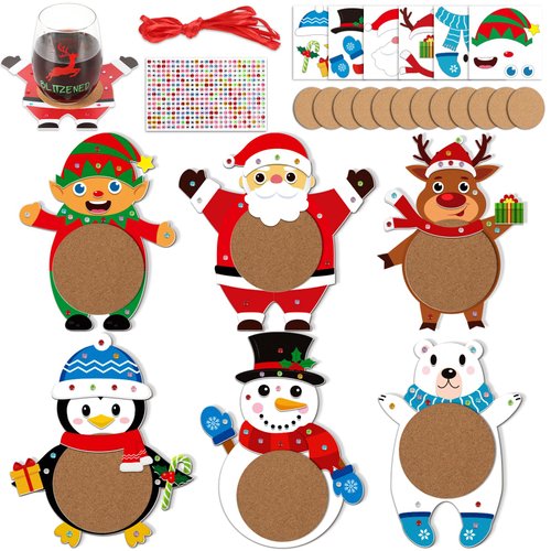 166pcs Christmas Coaster Craft Kit 12 Set Winter Foam Craft for Kids DIY Santa Claus Reindeer Elf Snowman Table Cup Mats Xmas Holiday Party Decor Supplies Favors for Gift Home Classroom Activities