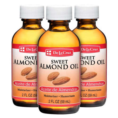 De La Cruz Sweet Almond Oil, Natural Hair and Skin Moisturizer, 3-Pack of 2 FL Oz Glass Bottles