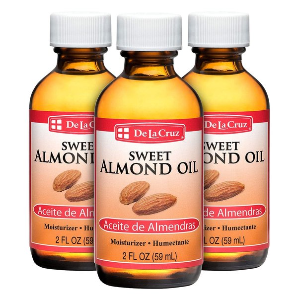 De La Cruz Sweet Almond Oil, Natural Hair and Skin Moisturizer, 3-Pack of 2 FL Oz Glass Bottles