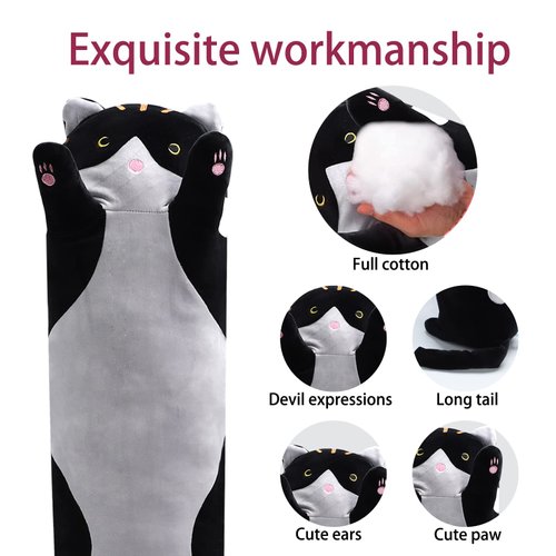 shangman Lovely Plush Cat Doll Cute Cartoon Soft Stuffed Kitten Pillow Long Throw Sleeping Pillow Doll Toy Valentines Day Gift for Kids Girlfriend (Black, 90cm/35.4in)