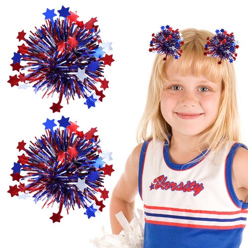 KCHIES July 4th Patriotic Pom Pom Hair Clips Girls Kids Metallic Cheer Bow Barrette Glitter Red White Blue Decor Accessories Independence Day Party Favor Gift for Cheerleader Women