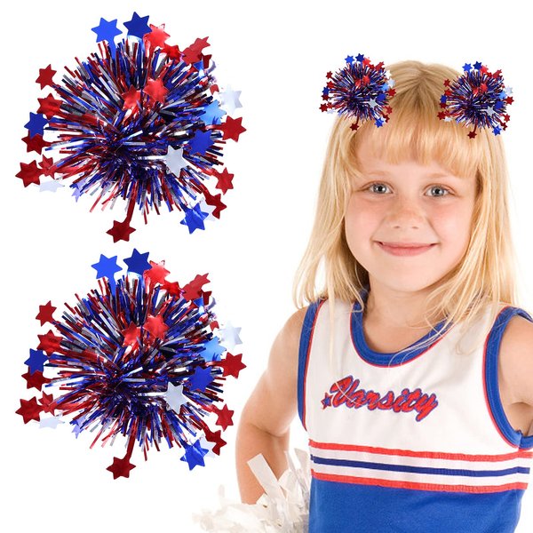 KCHIES July 4th Patriotic Pom Pom Hair Clips Girls Kids Metallic Cheer Bow Barrette Glitter Red White Blue Decor Accessories Independence Day Party Favor Gift for Cheerleader Women