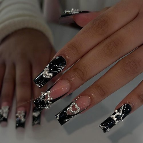 Black Press on Nails Long Square Fake Nails French Tip False Nails with Design Silver Heart Star Charms Glue on Nails Glitter Glossy Stick on Nails Full Cover Acrylic Artificial Nails for Women 24Pcs