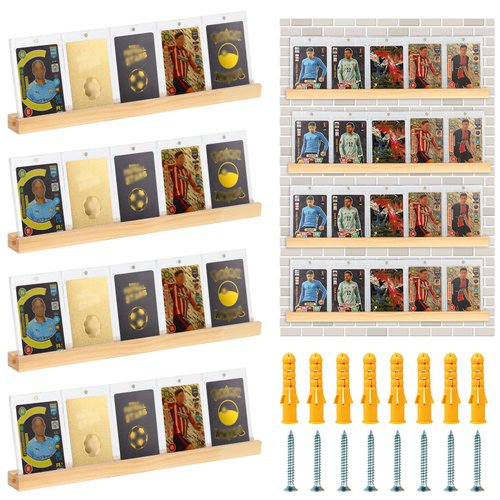 4 Pack Sports Card Display Shelf For Wall Wood Graded Card Display Rack 15*1.2*0.7inch Sports Card Display Frame Trading Card Display Shelf Baseball Card Display Case Wall Mount for Game Card(No Card)