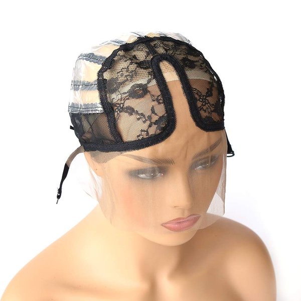 BTWTRY U Part Wig Cap with Lace for Wigs Making with Adjustable Strap Middle Part Medium Size Black Weaving Wig Cap for Women and Girls DIY Wigs (1 Pc, 0051)
