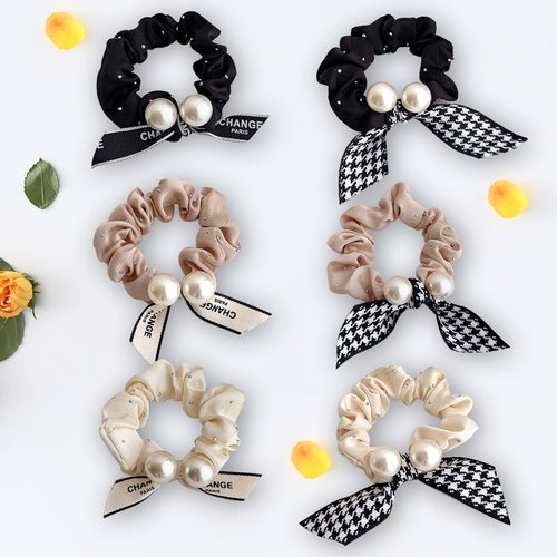 Pearl Hair Ties, UNLONLEG 6Pcs Rabbit Bunny Ear Scrunchies, Fabric Rubber Band Bow Hair Ties, Pearl Bow Hair Scrunchies for Women Bow Ponytail Holder Hair Accessories for Girls(B#)