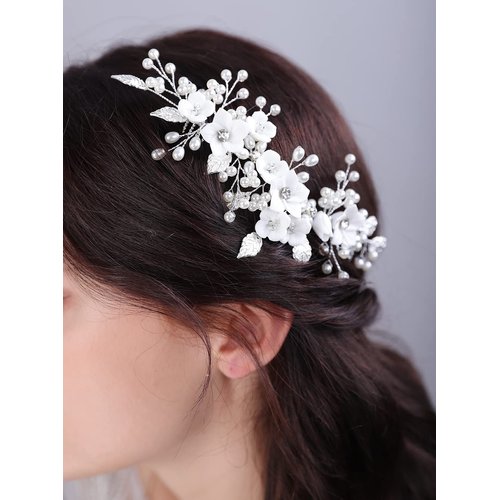 JWICOS Bride Pearl Wedding Hair Comb Flower Wedding Headpiece for Bride Pearl Hair Accessories for Women and Girls