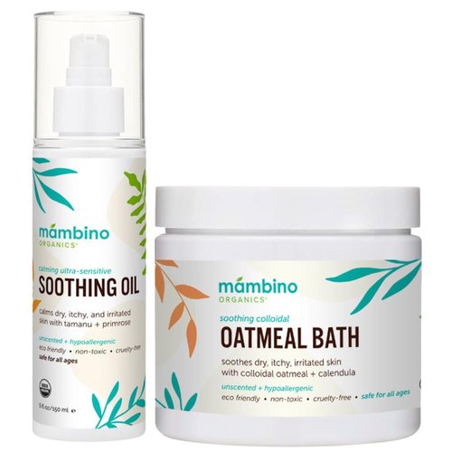 Organic Ultra-Sensitive Skin Calming Set - Natural Colloidal Oatmeal Bath Powder and Soothing Oil - All Natural Fragrance Free with Jojoba & Evening Primrose Oil - 11 oz by Mambino Organics