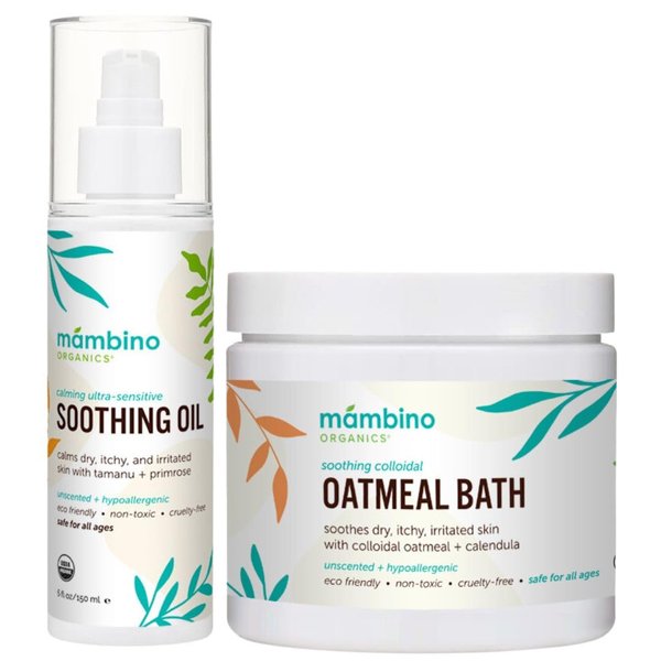Organic Ultra-Sensitive Skin Calming Set - Natural Colloidal Oatmeal Bath Powder and Soothing Oil - All Natural Fragrance Free with Jojoba & Evening Primrose Oil - 11 oz by Mambino Organics