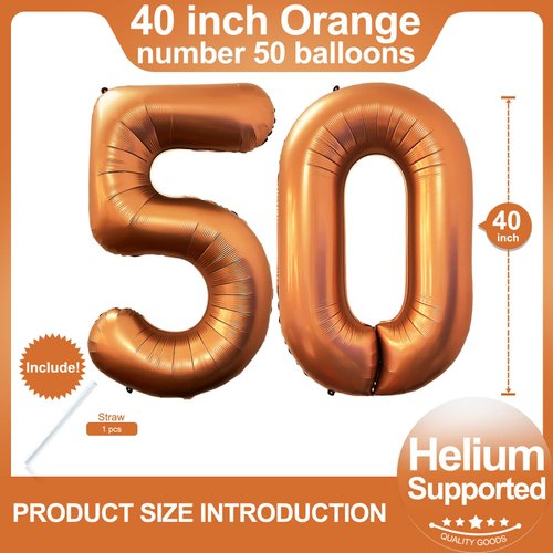 Number 50 Orange Balloons 40 Inch Giant Orange 50 Number Foil Helium Balloons for 50th Orange Birthday Party Supplies 50th Anniversary Events Decorations