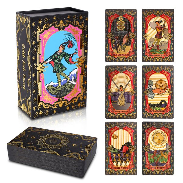 Tarot Cards，Black Tarot Cards With Guide Book Waterproof Tarot Cards Tarot Gold Foil Tarot Cards for Beginners Tarot Deck Tarot Cards with Meanings on Them Rider Waite Tarot Deck Tarrot Tarot Decks