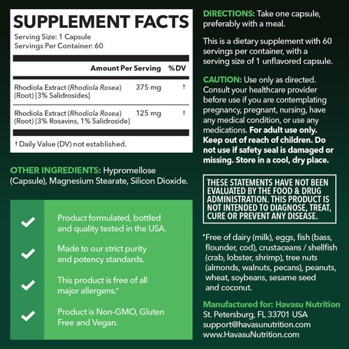 Rhodiola Rosea Supplement - Herbal Adaptogen for Mental and Physical Performance Support (3% Salidrosides, 3% Rosavins Extract) - 60 Count - Vegan, Non-GMO, and Gluten-Free Capsules - 2 Month Supply