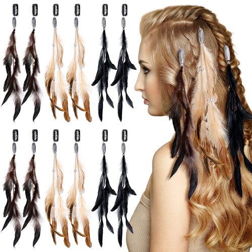 12 Pcs Feather Hair Clip Boho Hair Extensions with Feather Clip Comb Hippie DIY Accessories Hairpin Tribal Feather Braided Beads Headdress for Women (Classic, Brown, Black, Dark Coffee)