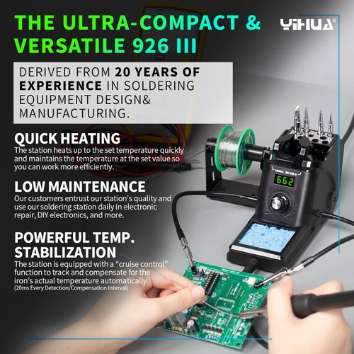 YIHUA 926 III 60W Digital Display Soldering Iron Station Kit w 2 Helping Hands, 6 Extra Iron Tips, Lead-Free Solder, Solder Sucker, S/S Tweezers, °C/ºF Conversion, Auto Sleep & Calibration Support