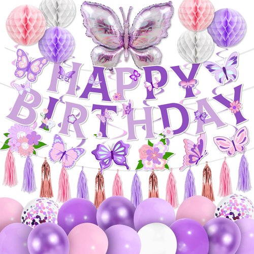 53pcs Butterfly Birthday Decorations, Purple Butterfly Decorations with Honeycomb Ball Banner But...