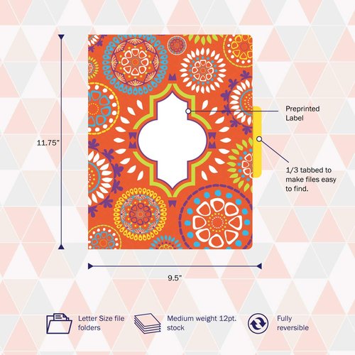 Barker Creek Designer File Folders, Moroccan, Multi-Design, Moroccan-Inspired Patterns on Outside, Vibrant Solid Colors on Inside, Letter-Size File Folders, 1/3 Cut Tabs, Pack of 12 (1335)
