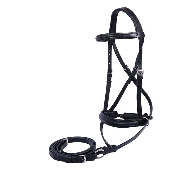 Wonder Care Genuine English Leather Crossover |Crossunder Bitless Bridle Headstall with Reins - Black-Medium