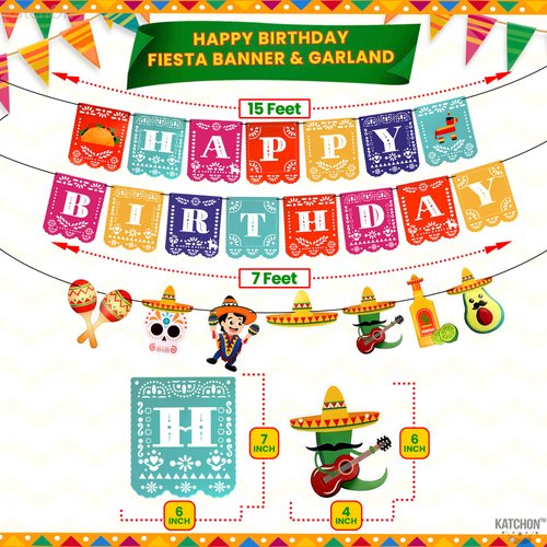 KatchOn, Fiesta Happy Birthday Banner - 15 feet, 3 String | Cinco De Mayo Theme, Mexican Fiesta Pinata Sombrero Garland for Mexican Birthday Party Decorations | Mexican Banner Fiesta Party Decorations