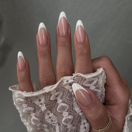 White French Tip Press on Nails Medium Almond Fake Nails White Tips Nails Glossy Glue on Nails Chrome False Nails Full Cover Stick on Nails Nude Acrylic Artificial Nails for Women Manicure