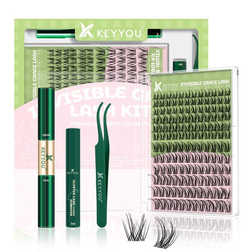 KEYYOU lash Clusters Kit Lash Extension Kit D Curl 144Pcs Eyelash Extension Kit Wispy Natural Invisible Band Lash Kit with Waterproof DIY Lash Extension Kit at Home(TB01-D-8-18MIX)