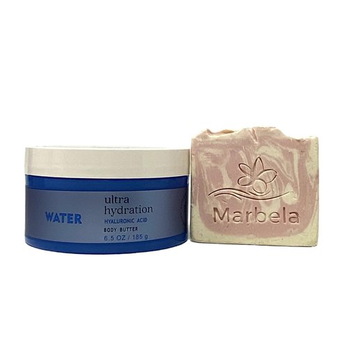 Bath & Body Works Water Ultra Hydration With Hyaluronic Acid Body Butter with a Himalayan salts Spring Sample Soap.