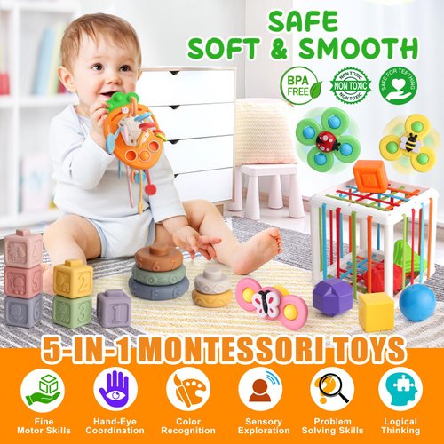 Vinlon 5 in 1 Montessori Baby Toy Set for Toddler Aged 6+ Month - Fine Motor Skill Learning Toys for Baby Grasp & Hand-Eye Coordination. Early STEM Gift Toy for Boys Girls 1 2 3 Years Old