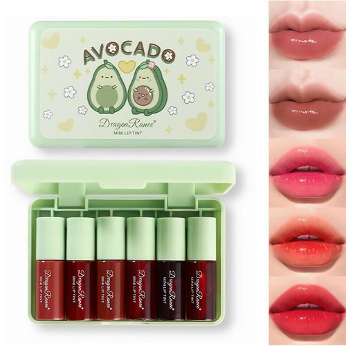 6 Colors Lip Tint Stain Set, Multi-Use Lip & Cheek Tint Korean Makeup Mini Liquid Lipstick, Avocado Moisturizing Lip Stain Lip Gloss