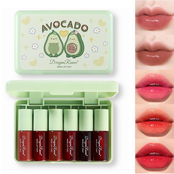 6 Colors Lip Tint Stain Set, Multi-Use Lip & Cheek Tint Korean Makeup Mini Liquid Lipstick, Avocado Moisturizing Lip Stain Lip Gloss