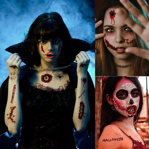 toututu Halloween Horror Makeup Fake Scars Temporary Tattoos - 118 Pcs Realistic Bloody Stitches Wound Tattoo Stickers for Face & Body, Zombie, Chucky, Vampire Cosplay, Pranks & Masquerade Parties