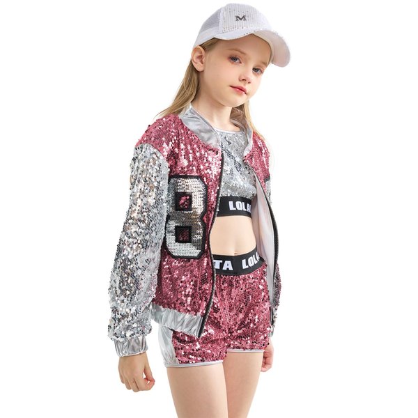 LOLANTA Girls Sequin Dance Costume 4 Piece Set Kids Hip Hop Jazz Modern Dancing Outfits (Pink, 12-14)