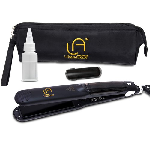 Le Angelique Professional Steam Hair Straightener - 2-in-1 Flat Iron Steamer - Silk Press Results - Works on Thick Coarse Hair | Home & Salon Use | Ceramic Tourmaline Plates - Steam and Temp Control