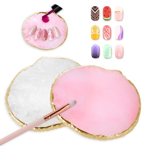 2 Pcs Resin Nail Art Palette, Make up Mixing Palette Gold Edge Nail Polish Color Tool, Round Nail Painting Display Tray Nail Art Accessories for Nail DIY Supplies (White Pink)