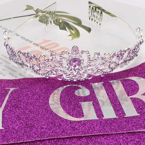 Birthday Crowns for Women, Didder Purple Crystal Tiara & Birthday Girl Sash, Birthday Tiara for Women Birthday Sash for Women Girls Birthday Sash and Tiara for Women Gift Crown for Bridal Wedding