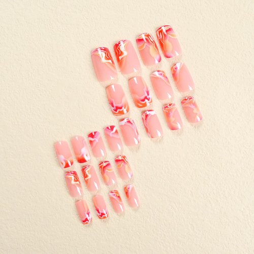 IMSOHOT Square Press on Nails Short Orange Red Ombre Fake Nails with Designs Glossy Glue on Nails Full Cover Acrylic False Nails Summer Stick on Nails for Women Girls