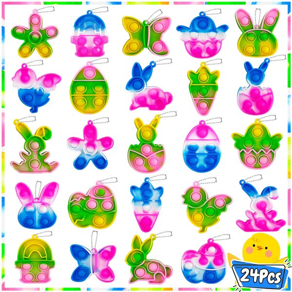 24Pcs Easter Mini Pop Keychain, Fidget Bubble Toys,Easter Basket Stuffers, Easter Egg Fillers, Easter Hunt Classroom Prizes, Party Favors for Kids Teens Boys Girls