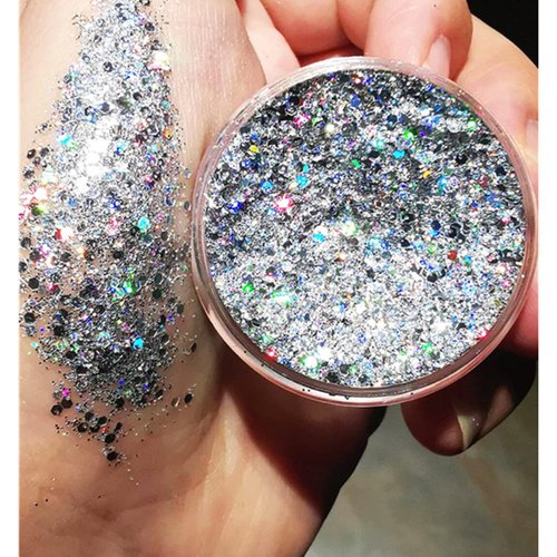 GL-Turelifes Colorful Sparkling Body Glitter Mermaid Sequins Chunky Glitter Gel Hair Glitter Gel Festival Glitter Cosmetic for Face Hair Nails Stage Bride Makeup Long Lasting 30ml (Silver)