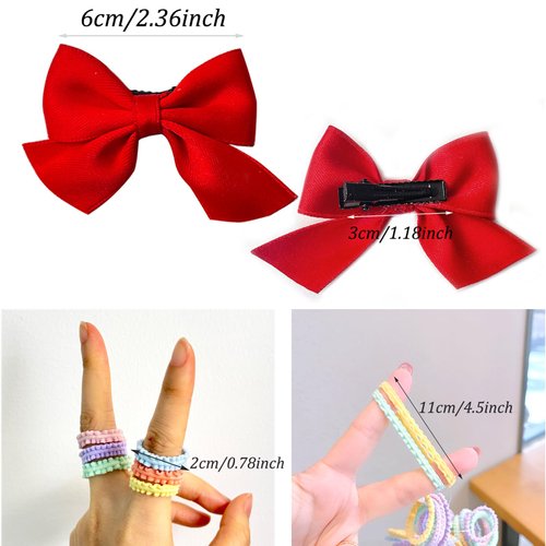 100Pcs Multicolor Elastic Hair Ties and 2 Pcs Red Bow Hair Clip, Baby Hair Ties No Damage Small Hair Ponytail Holder,1.0inch Mini Rubber Bands Accessories for Girls Kids Women