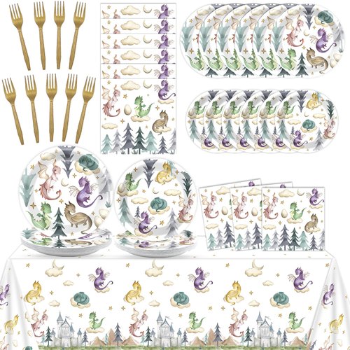 98 Pcs Watercolor Dragon Tableware Set Magic Dragon Party Plates Napkins Dragon Table Cover Fantasy Dragon Dinnerware for Kid Boy Girl Birthday Party Decorations Favors for 24 Guest