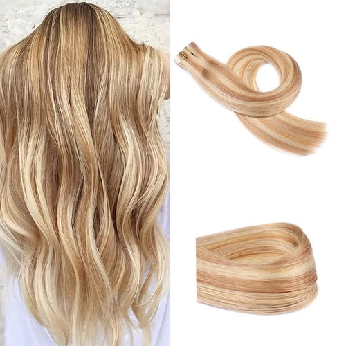 Balayage Tape in Hair Extensions Human Hair, Ombre Golden Brown to Bleach Blonde Tape in Human Hair Extensions Real Hair Extensions 16 Inch 30g 20pcs Silky Straight Highlight Seamless Human Hair