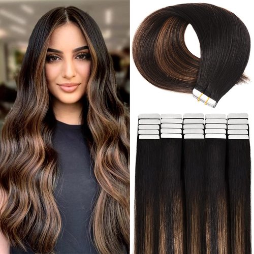 Tape in Hair Extensions Human Hair, Balayage Natural Black to Chestnut Brown Silky Straight Natural Hair Extensions Tape in Human Hair, 20Pcs 22Inches 50g Remy Ombre Tape in Hair Extensions