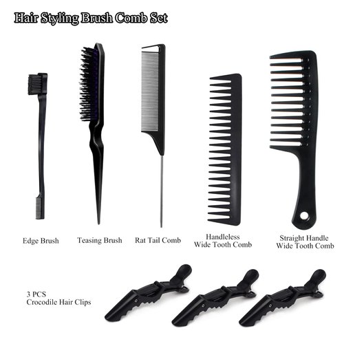 Edge Brush Teasing Brush Hair Comb Set with Wide Tooth Comb Rat Tail Comb and Hair Clips for Women Kids Baby Girls Smoothing Combing & Styling Hair (Black S)