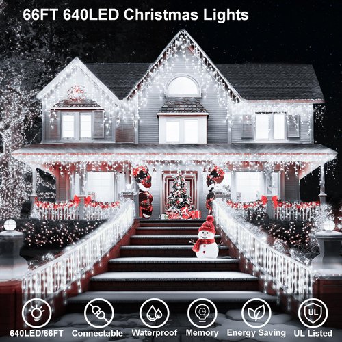 65 FT 640 LED Christmas Lights Outdoor Decorations Clear Wire String Lights Plug in 120 Drops 8 Modes Memory Timer Connectable Curtain Fairy Lights Waterproof for Holiday Wedding Party-Cool White