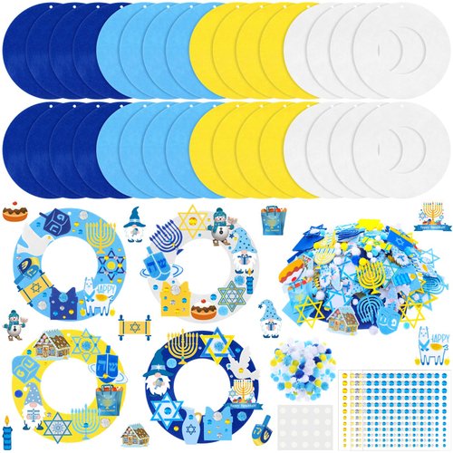 472 Pcs Hanukkah Craft Kits Hanukkah DIY Wreath Craft Kit Chanukah Wreath Arts Decorations with Menorah Dreidel Gnome Stickers for Hanukkah Indoor Outdoor Home Party Favors