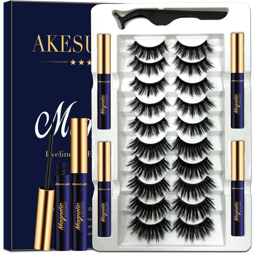 AkesuLash Magnetic Eyelashes - 10 Pairs 3D Full Volume Magnetic Lashes with Eyeliner Kit - Upgraded Long Lasting,Reusable- Easy to Apply(3D Layered Party |12-18MM)