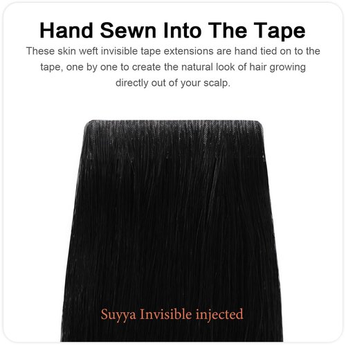 SUYYA Invisible Tape in Hair Extensions Human Hair Jet Black Seamless Injected Hand-Tied Pro Quality Virgin Human Hair 20PCS 40G/Pack Straight Tape Ins(14 inch #1 Jet Black)