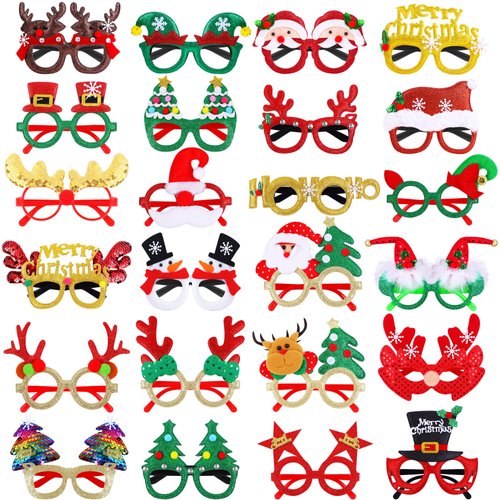 Fovths 24 Pieces Christmas Glitter Eyeglasses Christmas Eyewear Frame Party Accessory Supplies Antlers Reindeer Snowman Shape for Xmas Holiday Party Favors, Assorted Styles