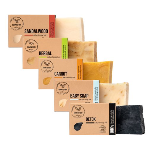 SoapFactory Natural Soap Bar Set, Variety Pack with Activated Charcoal, Tea Tree, Calendula, Sandalwood and Lavender, Organic Certified, Vegan, Handmade (5 Pack)