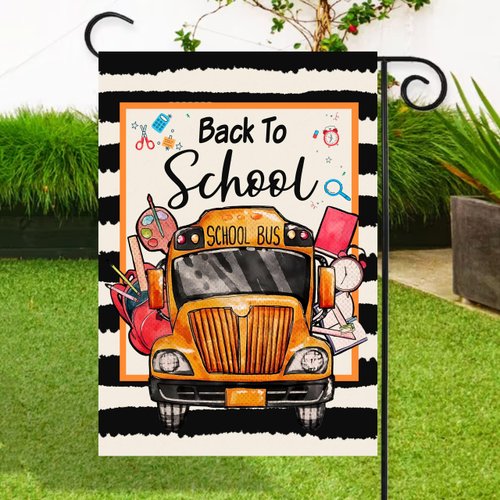Chiside Back To School Set 2 House Flag 28 x 40 and Garden Flag 12x18 Double Sided, First Day Of School Flag, Back To School Bus Garden Flag, Garden Flags Back To School For Outside, Background 1