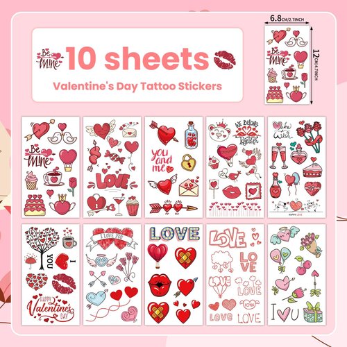 EMOME 100 Styles Valentine's Day Temporary Tattoo for Kids Women, Lip Heart Kiss Tattoos Temporary for Valentine's Party Decorations Supplies Favors, Heart Tattoo Stickers for Games (10 Sheets)