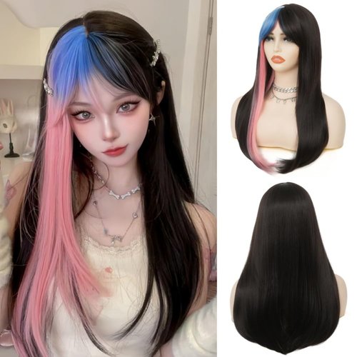 Salaibs Black Pink Long Straight Wigs for Women with Bangs Natural Synthetic Heat Resistant Fiber Colourful Hair for Halloween Cospaly Wig(3 colors)